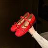 2025 Small Fragrant Wind Shallow Mouth Square Head One Word Bow Ballet Shoes Red Mary Jane Shoes