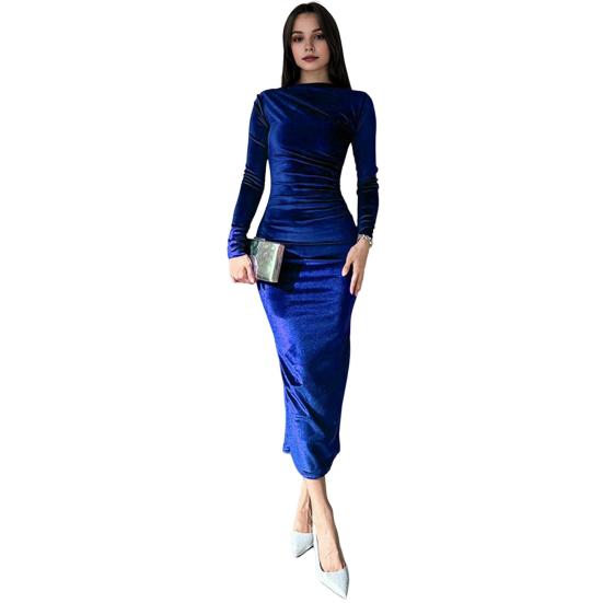 Lady Evening Dress Slim Fit Pleated Bateau Neck Long Sleeve Pure Color Midi Dress Sheath Calf Length Prom Cocktail Party Dress
