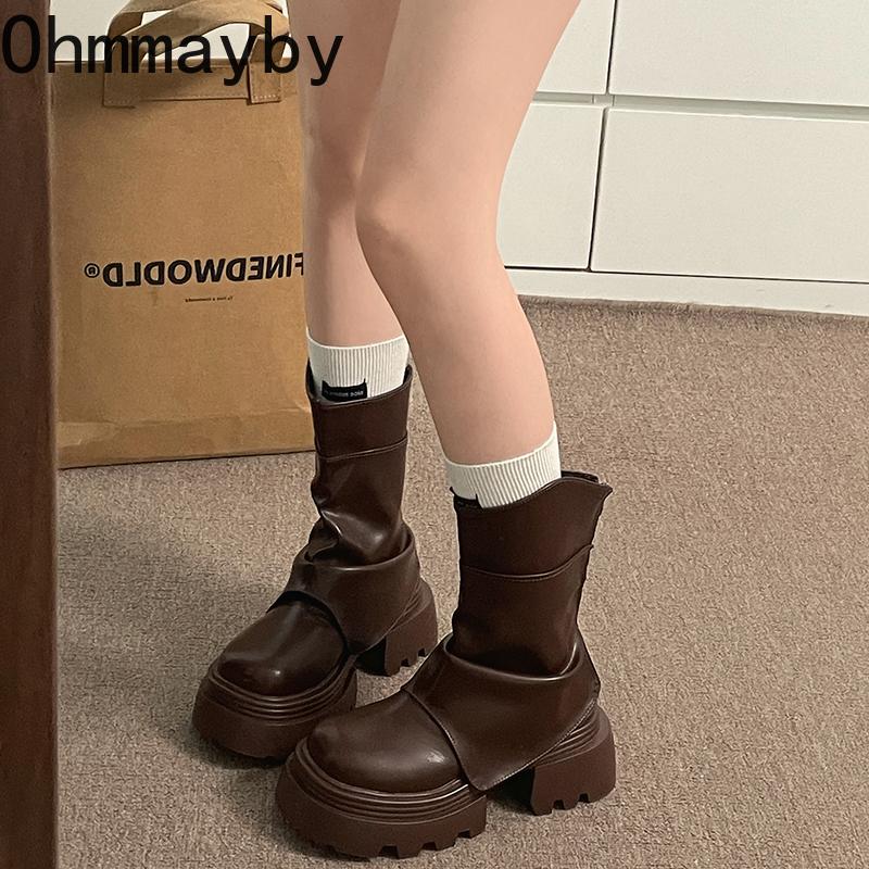 Vintage British Style Platform Thick Bottom Women Short Boots Autumn Winter Ladies Causal Height Increase Ankle Boots