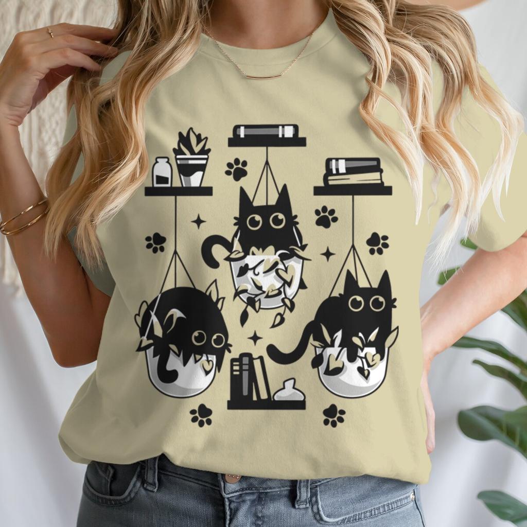 Women T-shirts New Ladies Casual Female Clothes Tops Black Cat Books Print Ladies Tees Tshirt Cartoon Graphic T-Shirt Clothing