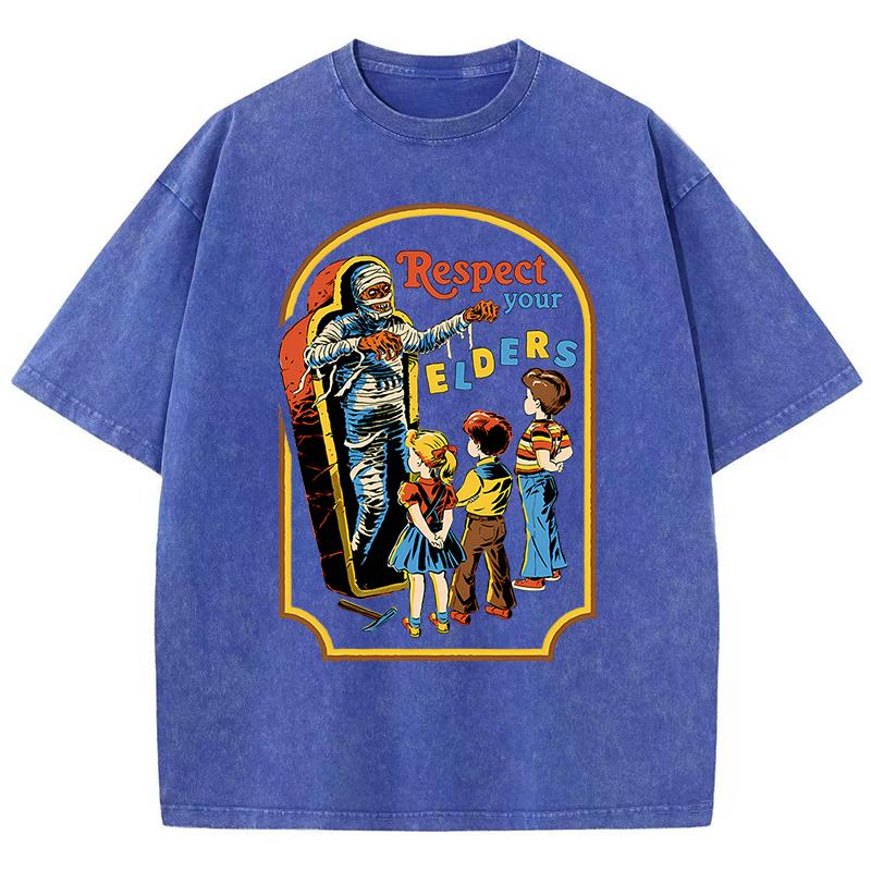 Respect Your Elders Mummy Funny Washed Retro Men T Shirt Cotton Casual Tshirts Harajuku Oversize Tshirt Loose Breathable Tee