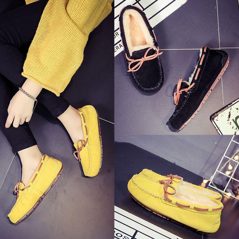 Women Winter Warm 100% Genuine Leather Flat Shoes Casual Loafers Slip On Women's Flats Plush Shoes Moccasins Lady 2024