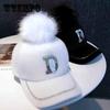 Hat Autumn and Winter Ladies with Diamond Letter D All-match Baseball Cap Fur Ball White Peaked Cap Fur Ball Decor