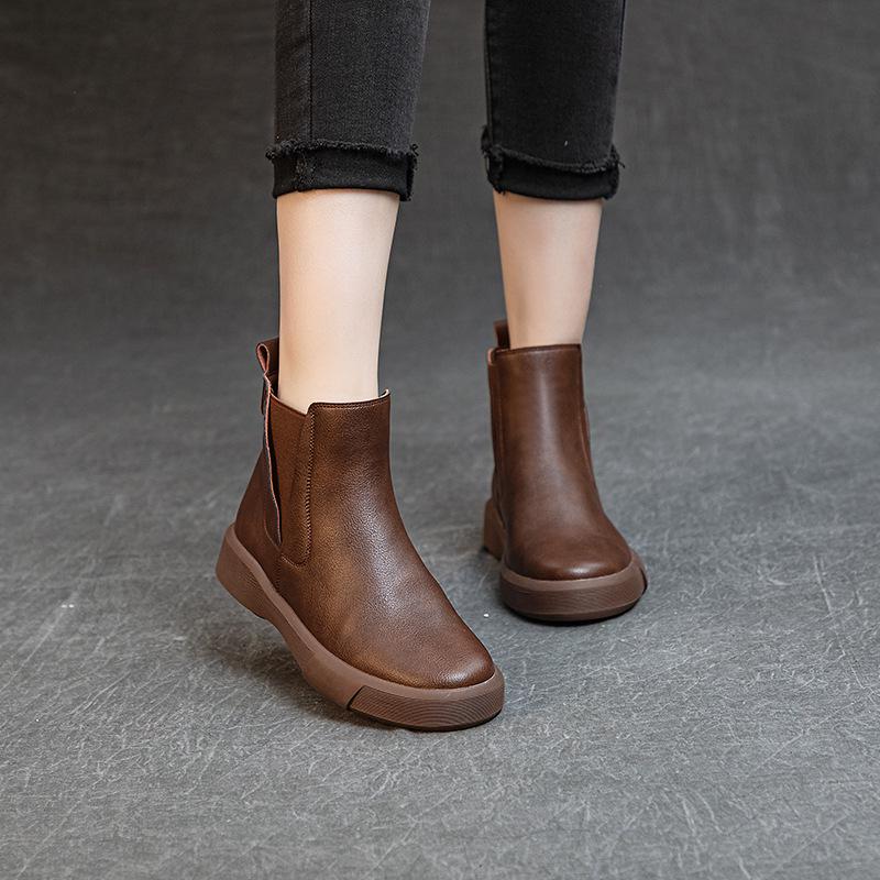 Women's Chunky Heel Retro Leather Chelsea Ankle Boots - Warm, Soft Sole, Handmade Martin Style