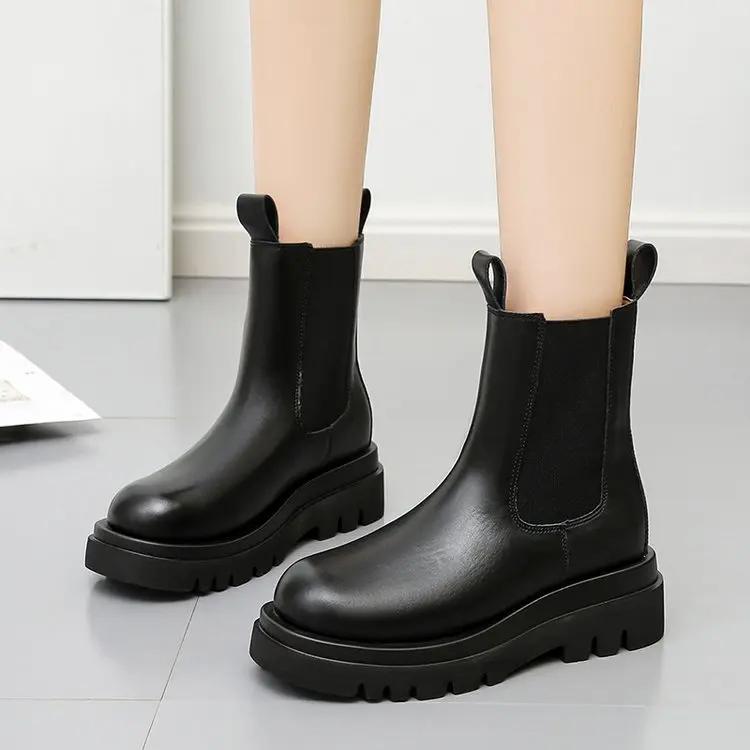 Women's Platform Boots Fashion Mid Calf Boots New Casual Leather Boots for Women Winter Plush Warm Ankle Boot Black Chelsea Boot
