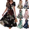 Women's Summer Casual Fashion Print Pocket Short Sleeve V-Neck Swing Dress