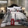 Paris Tower London City Scenery Big Ben Red Telephone Booth Bus Print Bedding Set Quilt Duvet Cover+Pillow Case US AU EU Size