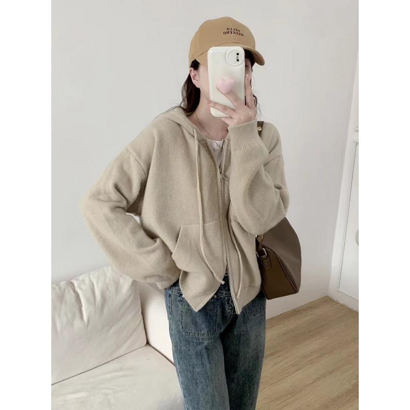 Autumn and Winter New Fashion Simple Double Zipper Hooded Knitted Cardigan Women's Solid Color Casual Loose Sweater Jacket