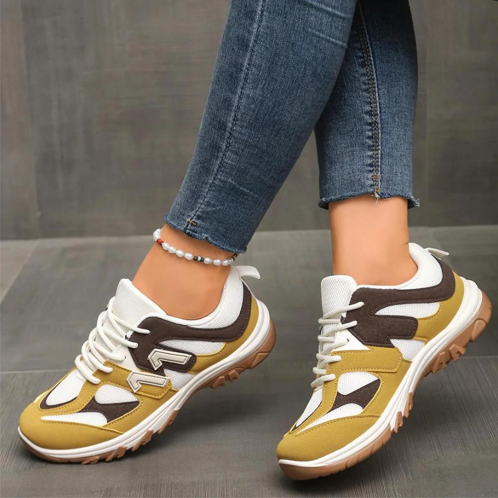 Fashion Gray Yellow Mix Color Non Slip Hiking Shoes Women Autumn Breathable Lace Up Sneakers Comfort Soft Sole Sports Shoes