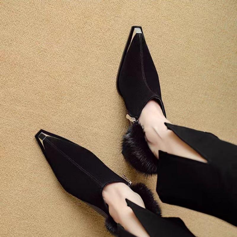 Fashion Autumn New Coarse Heel Shoes Women Fashion Metal Pointed Side Zipper Anti-slip Wear-resistant Plush Low-top Shoes