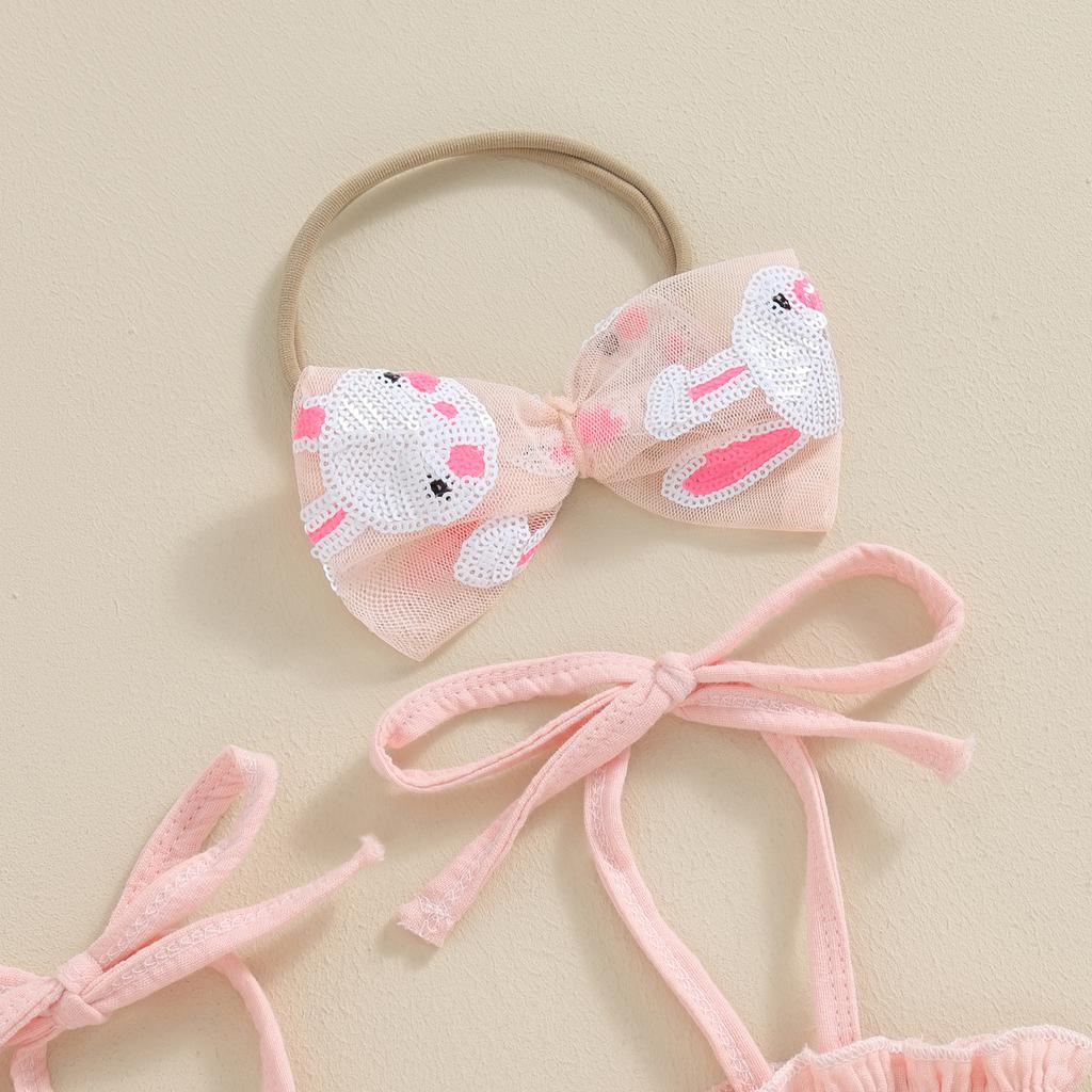Baby Girls Rompers Dress Easter Clothes Rabbit Print Mesh Tulle Layered Skirt Hem Toddler Bodysuits Jumpsuits with Headband