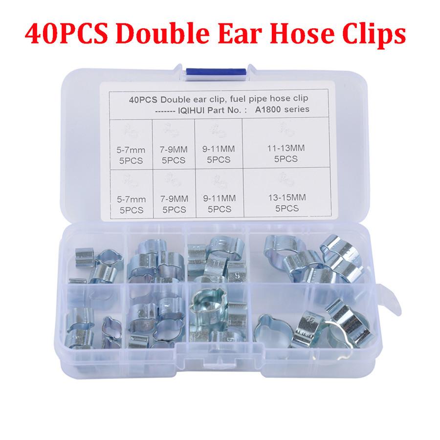 40PCS Double Ear Hose Clips Water Fuel Air Clamps for 5-15MM Zinc Plated Assortment Box With Clamp Pliers