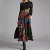 Women Dress Slant Neck Patchwork A-line Hem Colorful Printing Pleated Long Sleeves Bohemian