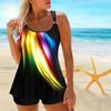 Women's Shoulder Strap Swimsuit with Colorful Aurora Print Bikini Short Tank Top Swimsuit