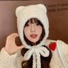 Women's Cute Gray Knitted Bear Hat with Ear Protection for Autumn/Winter 2024