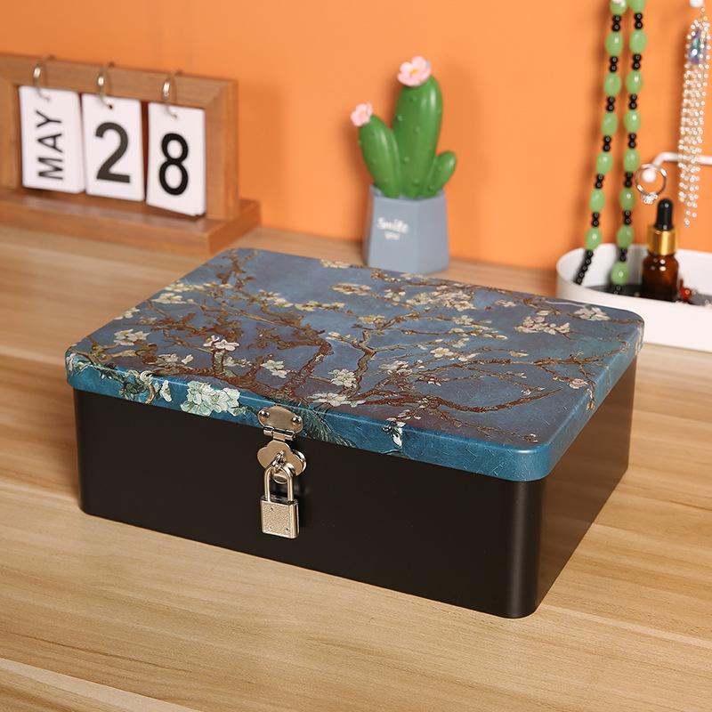 Tinplate Box with Lock Key Desktop Storage Box Cosmetics ID Storage Household Jewelry Empty Box