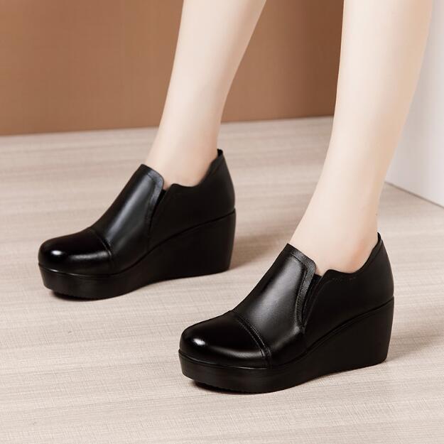 Fashion Wedges Women Shoes Autumn Winter Slip-On High Heels Round Toe Genuine Leather Casual Ladies Platform Shoes Woman Boots