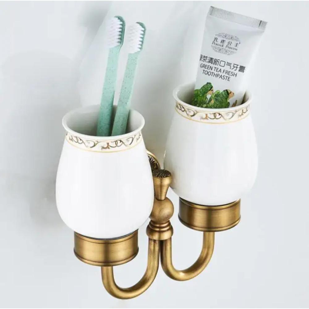 Wall Mount Antique Double Cup Holder Brass+Glass Bathroom Accessories Cup Tumbler Holders,Toothbrush Cup Holders F8308
