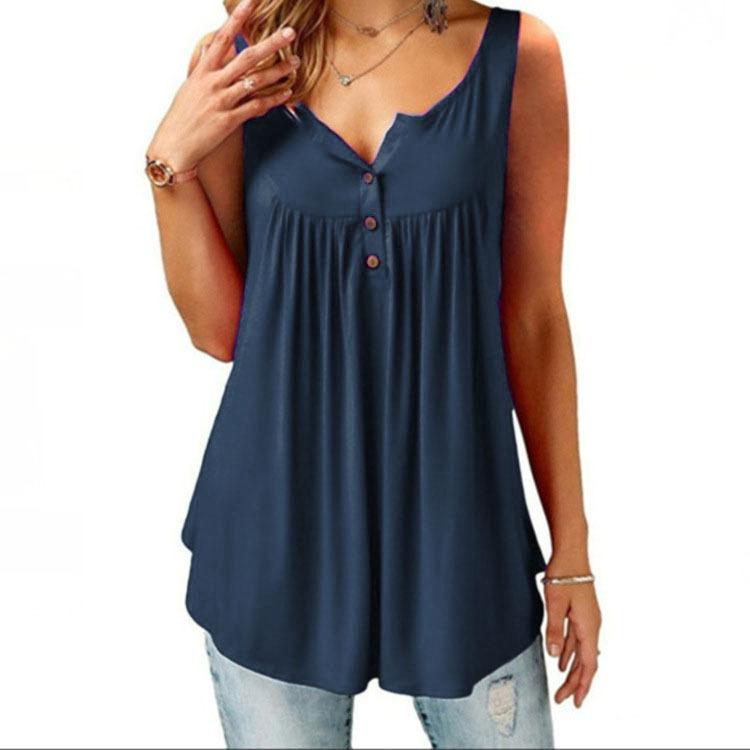Plus Size Casual Sleeveless Tops Sexy Deep V-neck Halter Button Blouse Ladies Swing Flowy Vest