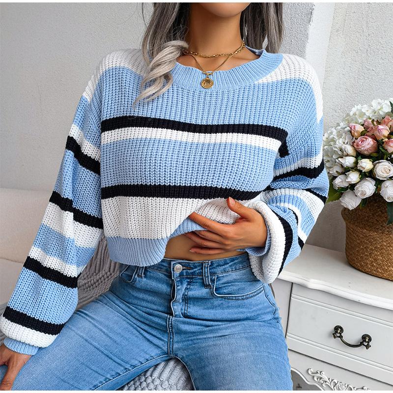 Women Autumn Winter O Neck Long Sleeve Striped Crop Loose Knit Pullover