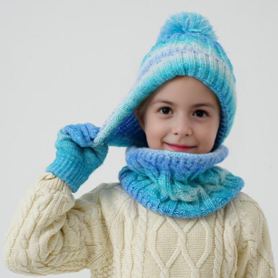 3Pcs/Set Kids Hat Scarf Gloves Set Rainbow Color Twist Texture Hat Thickened Plush Lining Neck Gaiter Knitted Gloves Set