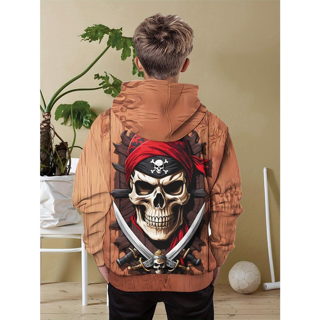 3D Digital Printed Pirate Skull Pattern Hoodie, Fashionable and Trendy Casual Children's Clothing, Suitable for Boys To Go Out, the Perfect