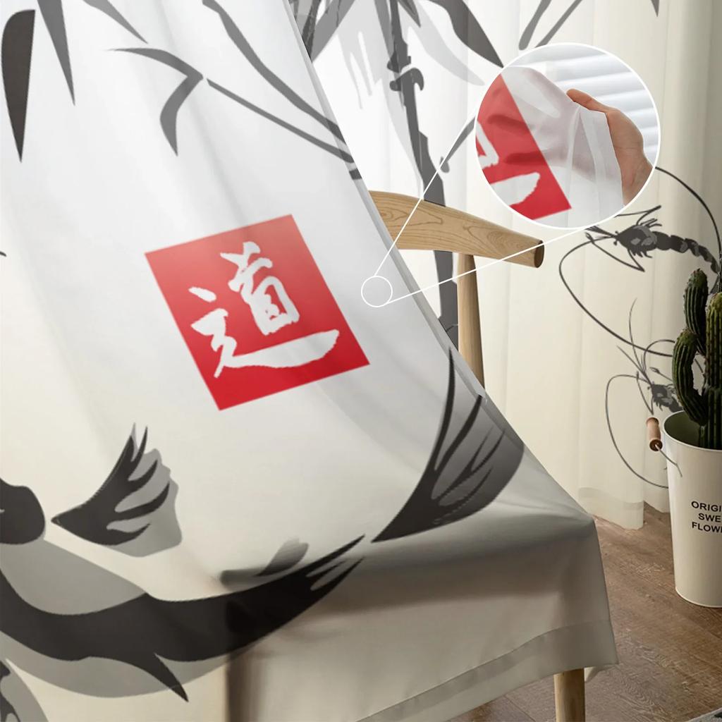 Bamboo Carp Chinese Ink Painting Tulle Curtains For Living Room Bedroom Kitchen Decoration Chiffon Sheer Voile Window Curtains