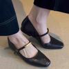 Retro One-word Buckle with Mary Jane Shoes Women's New Square Head Flat-soled Single Shoes Low-heeled Small Leather Shoes