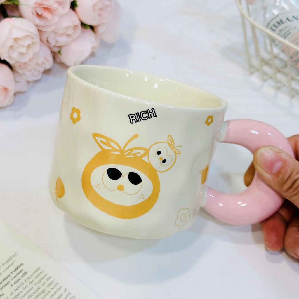 Small Gift Mug Ceramic Small Gift Box Cup Household Water Cup Ceramic Cup Small Orange with Lid Spoon