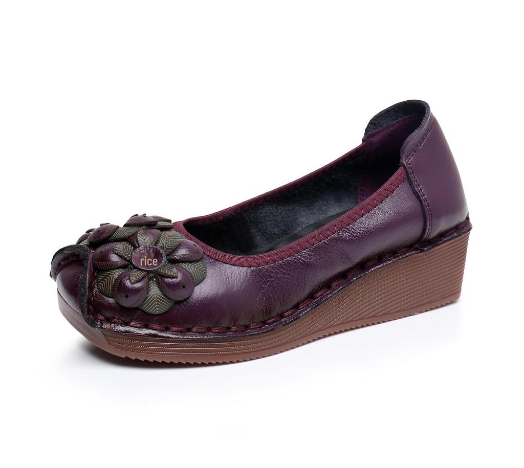 2024 Ethnic Style Cowhide Wedge Heels: Comfortable, Non-Slip, Floral Casual Shoes