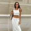 Summer Cotton Linen Women's Suspender Half Skirt Set Short Vest Casual Solid Color Set Female Split Long Skirt Matching Sets