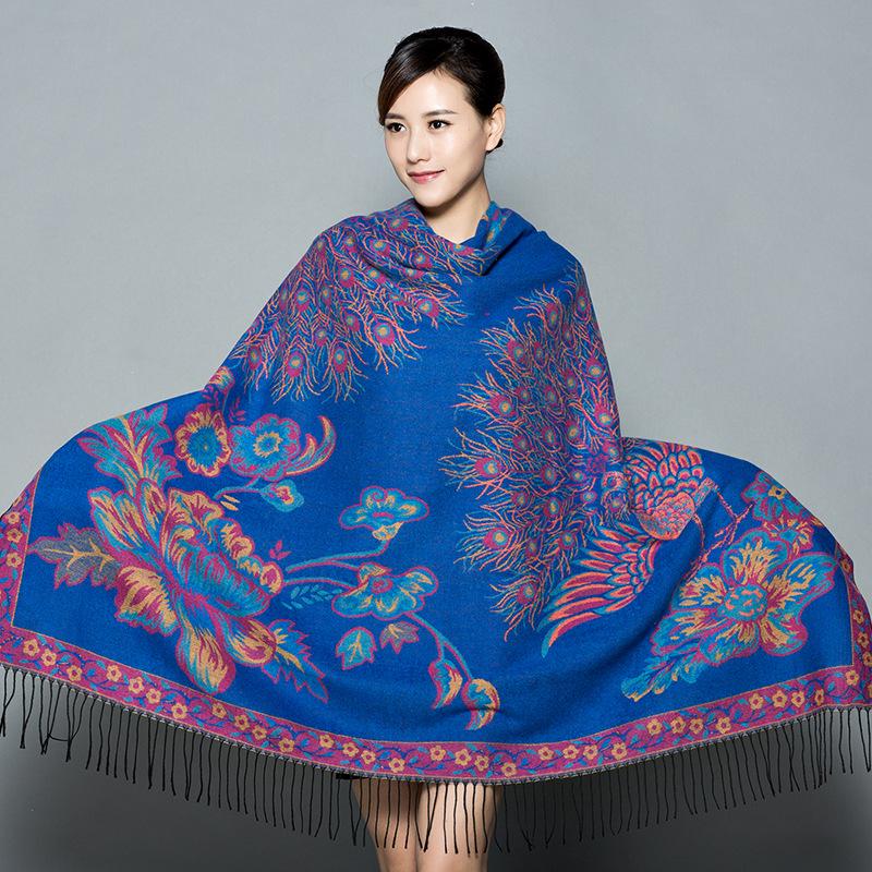 Lijiang Ethnic Style Double-Sided Phoenix Jacquard Cashmere Shawl and Scarf for Women