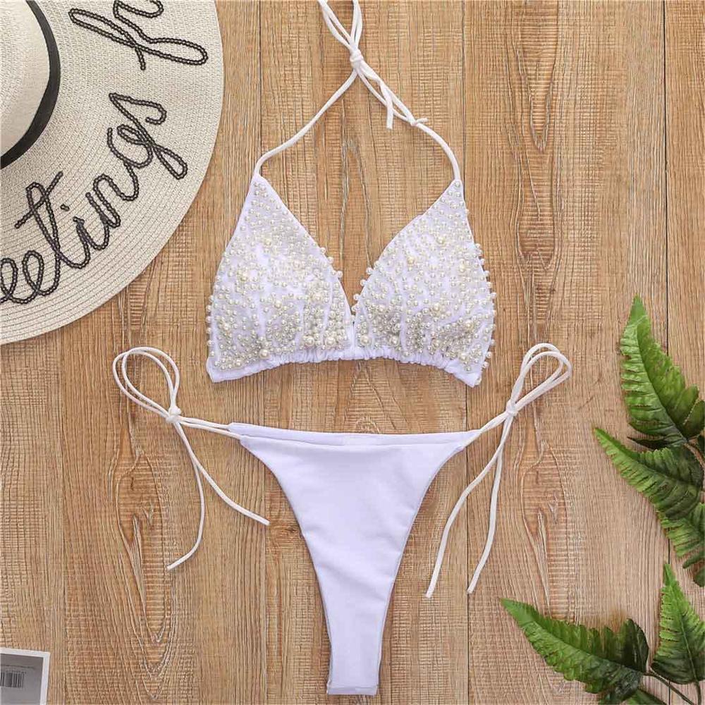 Halter Mini Bikini Female Swimsuit Women Swimwear Two-pieces Bikini Set Luxury Pearl Bather Bathing Suit
