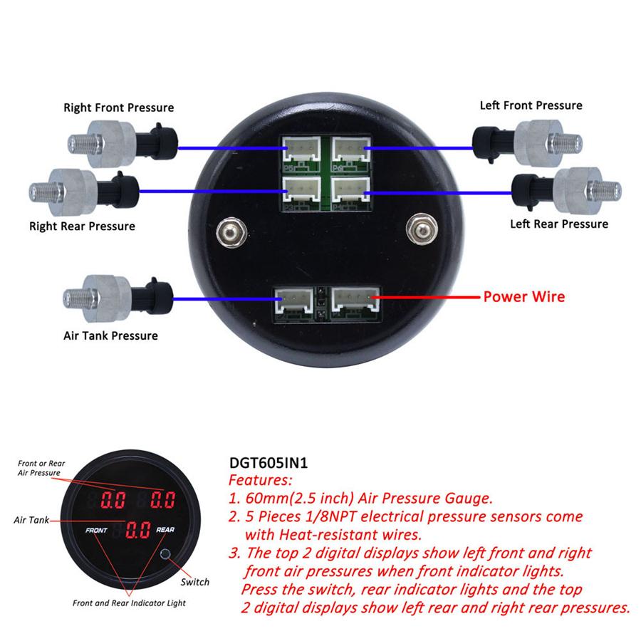 12V 60mm Air Pressure Gauge with 5 Sensors