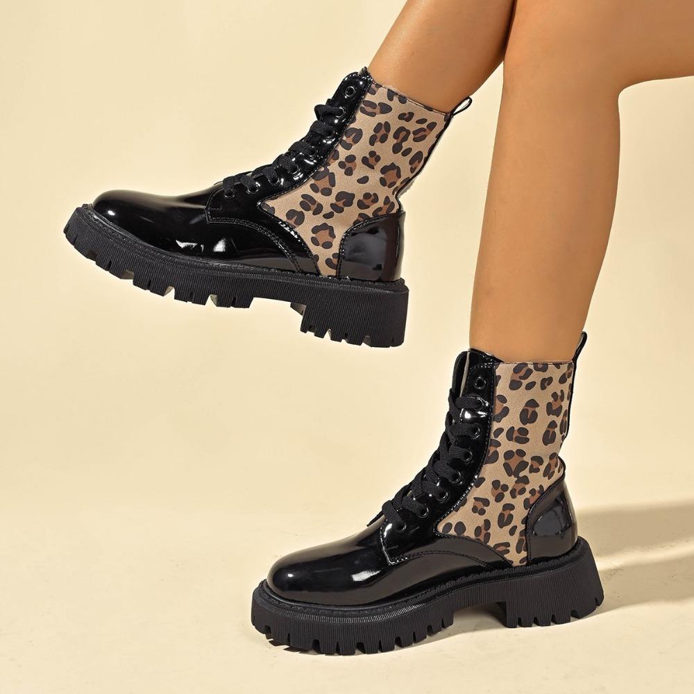 Fashion 2024 Lace Up Boots Women Leopard Mid Calf Boots Fashion Designer Shoes Comfortable Casual Mid Calf Boots Women Shoes for Women