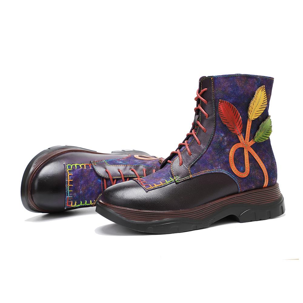 Johnature Genuine Leather Retro Shoes Women Boots Round Toe Floral Sewing Concise Handmade Ankle Platform Boots