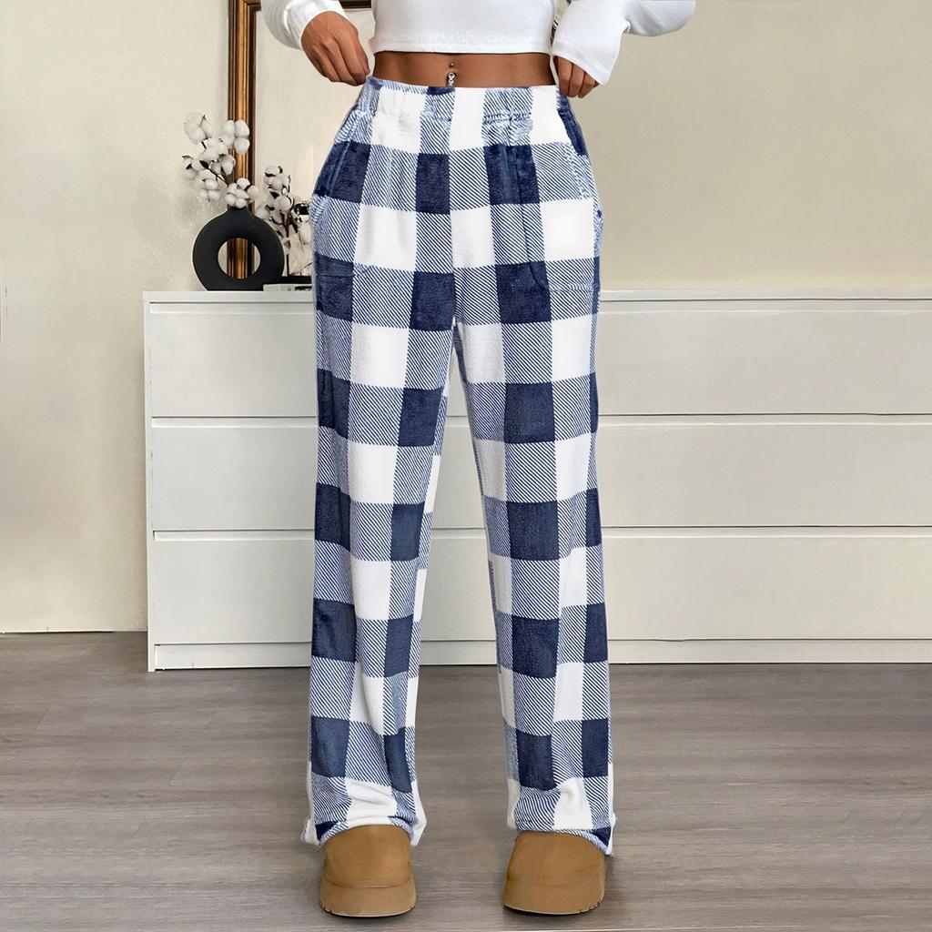 Women Pajama Pants Plush Sleep Pants Soft Elastic Waist Pajama Bottoms Plaid Pants With 2 Pockets