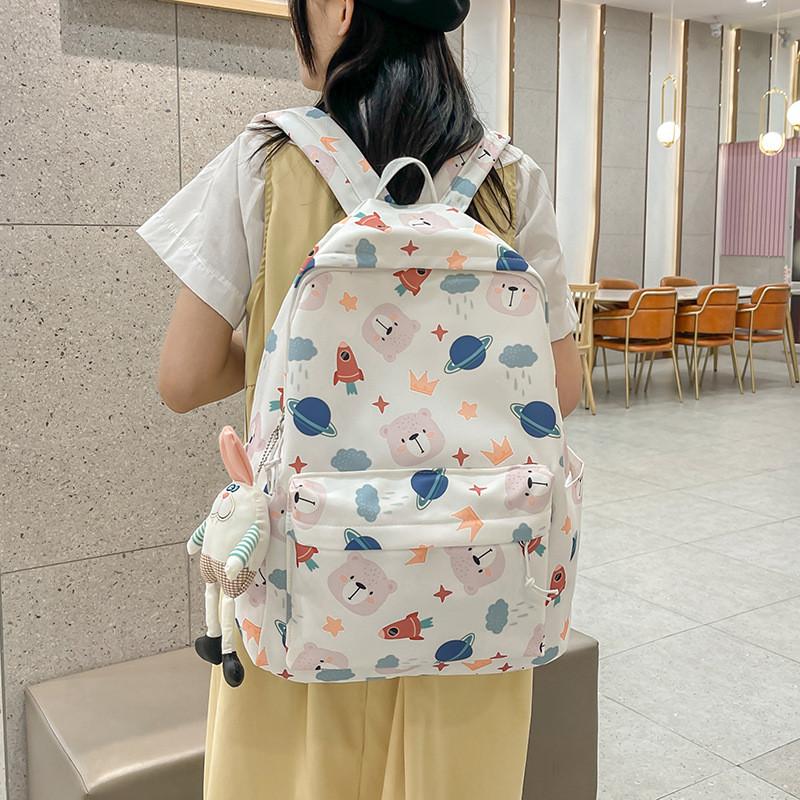Cute Bear Cartoon Rocket Star Cloud Crown Print Student Backpack For School