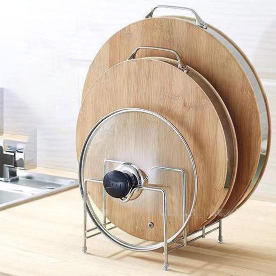 Stainless Steel Pot Lid Holder Modern Heavy Duty Standing Multi-functional Countertop Cutting Board Plate Cutter Storage Rack Organizer Kitchen