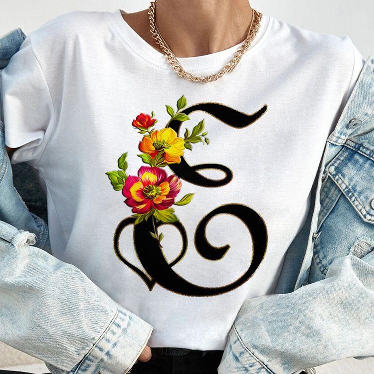 Custom Name Letter Combination Tops Fashion Women T-Shirt Rose Flower Heart Letter Font A B C D Short Sleeve Tees Black T-Shirt