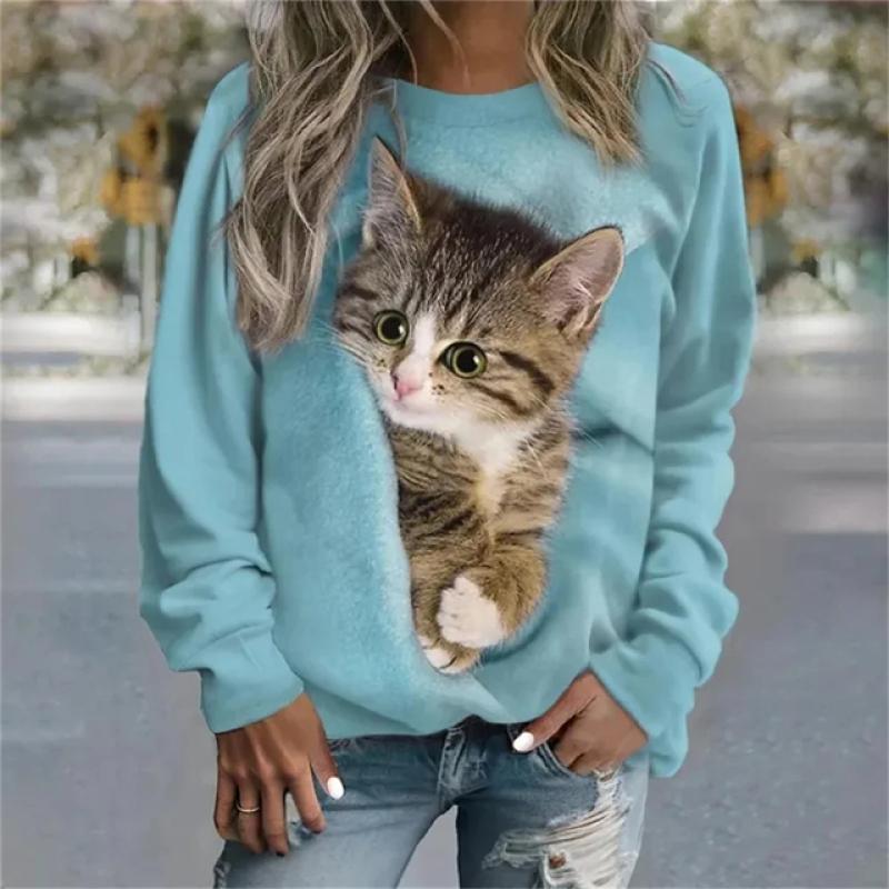 2023 Autumn New Women Round Neck Long Sleeve Fashion Casual Home High Quality Fabric Cute Cat Print Long Sleeve