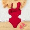 Retro Red Color Teenage Girls Swimsuit One Piece 5-14 Year Kids Swimsuit Ruffled Swimwear Beachwear