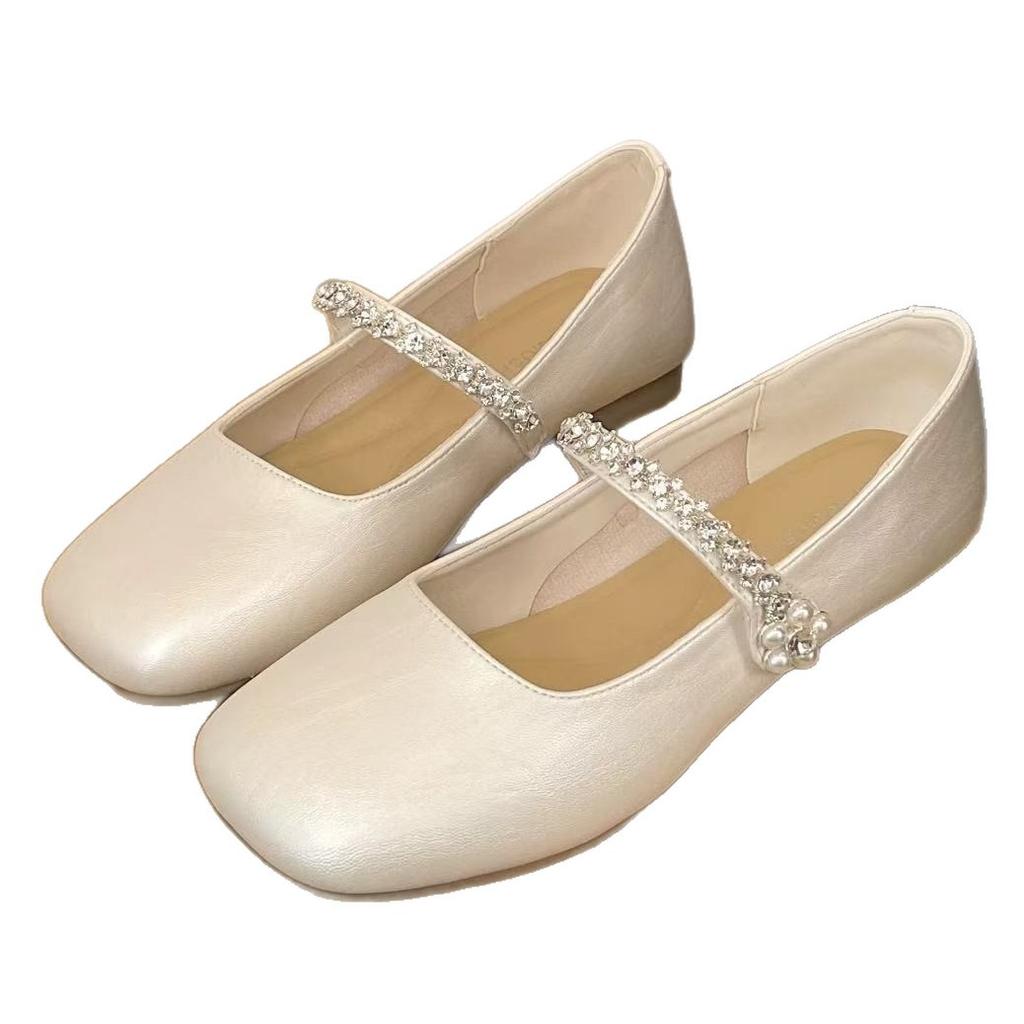 Mary Jane Women's Shoes New 2025 Popular Fashion Temperament Flat-bottomed Soft Leather Rhinestones Are Beautiful and Not Tired Feet
