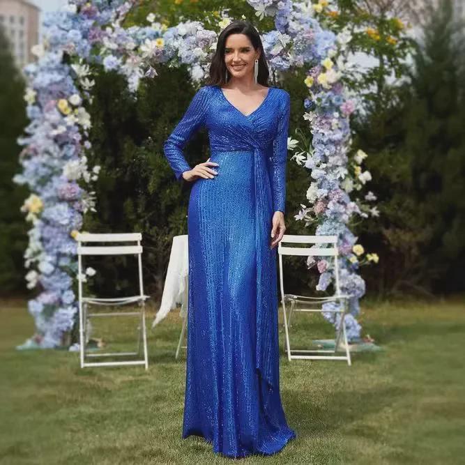 Spring Solid Color Sequin Long-Sleeve Evening Dress - 5 Colors