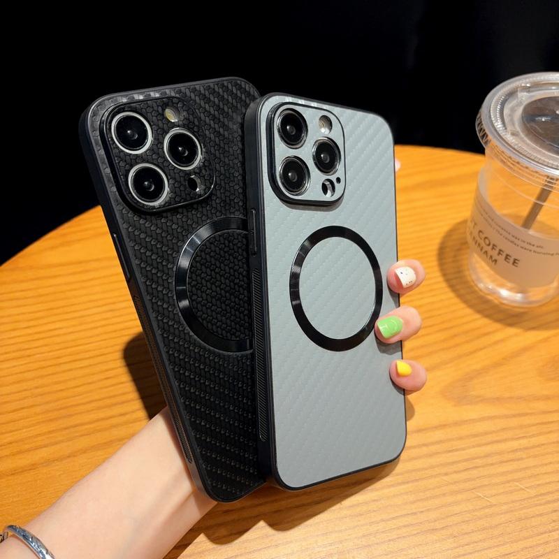 For Iphone 15 14 13 12 Pro Max 11 Carbon Fibre Pattern Tpu Soft For Magsafe Magnetic Wireless Charge Shockproof Lens Protection Case Cover