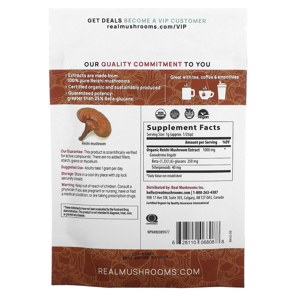 Real Mushrooms Reishi, Organic Mushroom Extract Powder, 1.59 Oz (45 G)