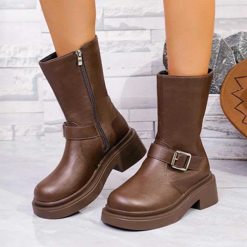 2024 Hot-selling Versatile Warm and Comfortable Women's Boots New Fashion Thick-soled Women's British Style Western Mid-calf