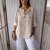 Summer Loose T-shirt Women's V-neck Cotton Linen Button Top T-Shirts Women’s