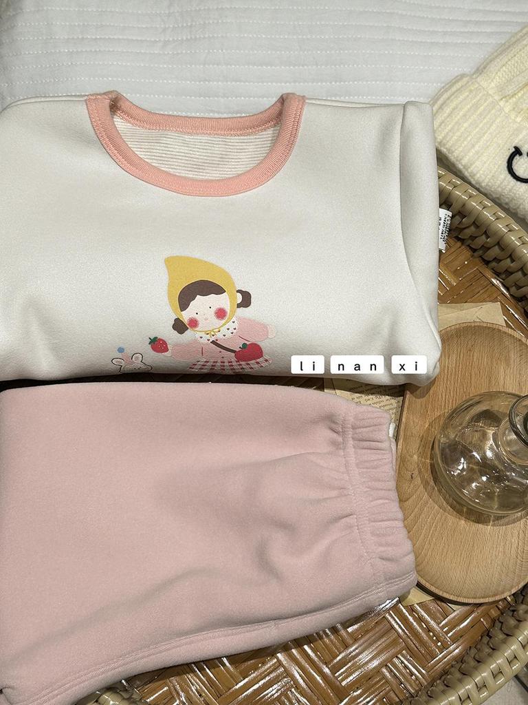 Kids' Cartoon Velvet Silk Wool Home Wear Set - Top and Pants