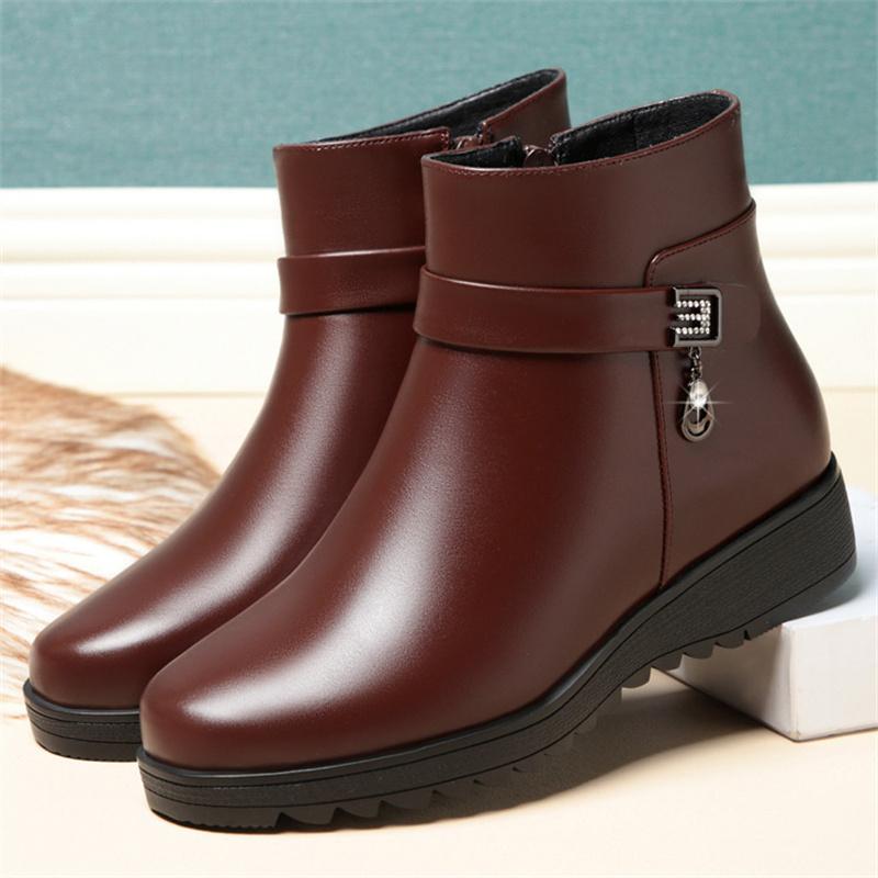 Fashion Autumn Winter Mum Warm Cotton Soft Shoes Women  Fleece Side Zip Thick Bottom Short Boots Leisure Round Head Flats Boots